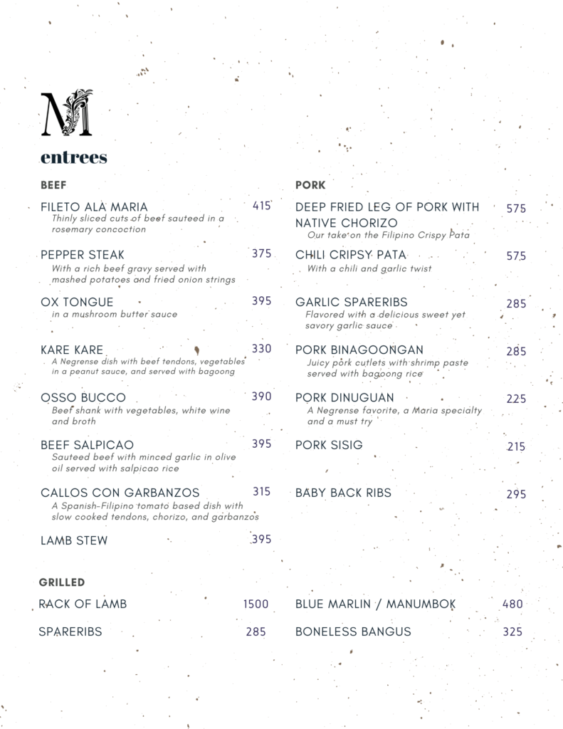 Maria Kucina Familia Menu