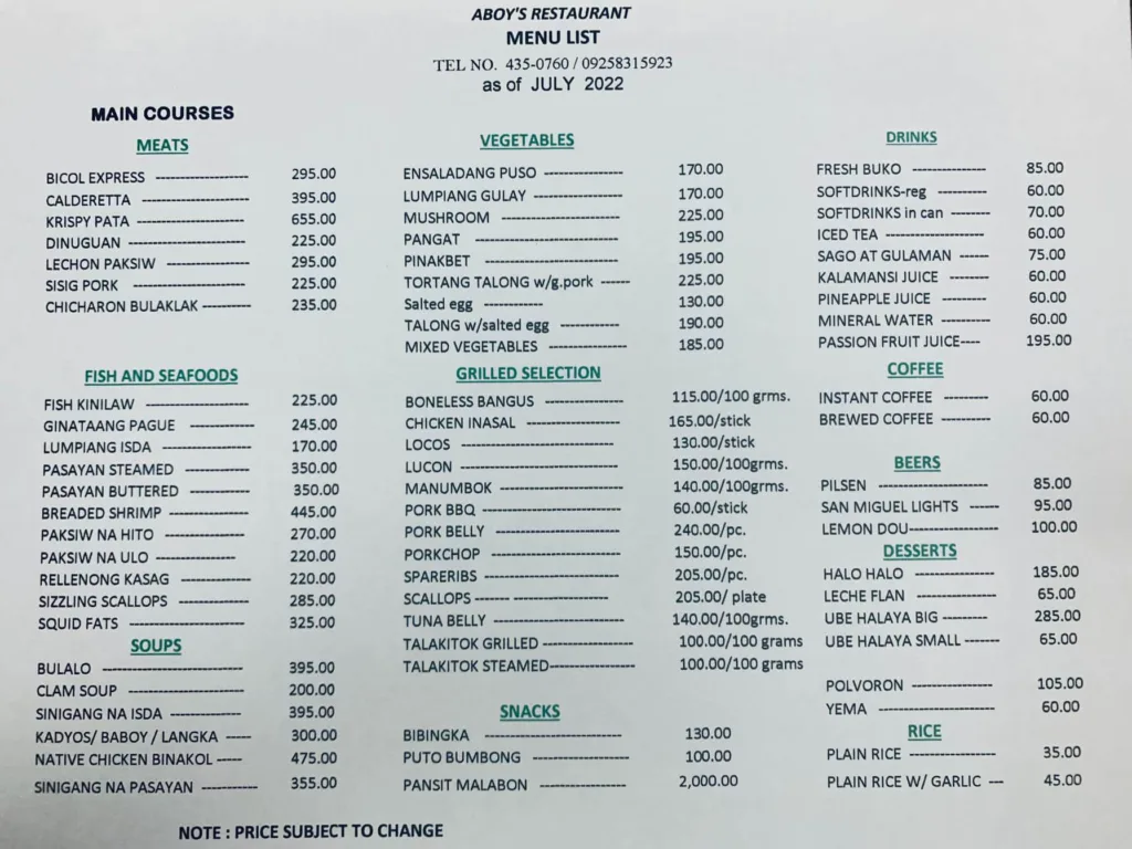 Aboy's Restaurant Menu