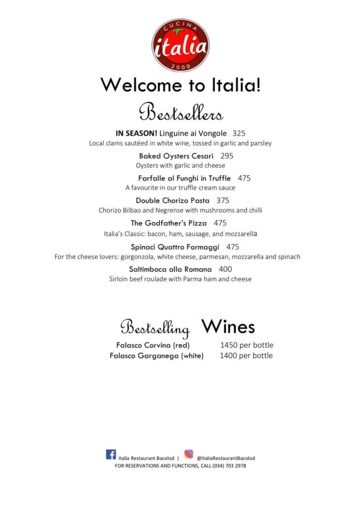 Italia Restaurant Bacolod Bestseller Menu